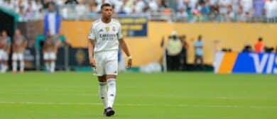 Real Madrid C.F. forward Kylian Mbappe (9) enters the game in the second half against Juventus FC during a round of 16 match of the 2025 FIFA Club World Cup at Hard Rock Stadium.