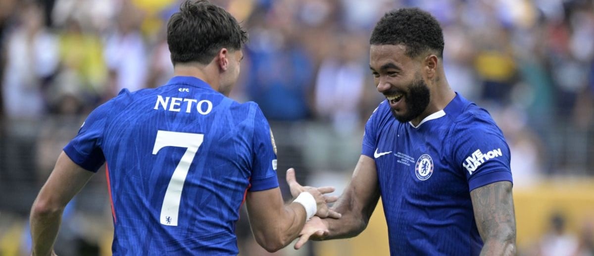 Chelsea FC defender Reece James (24) reacts with forward Pedro Neto (7) during the final of the 2025 FIFA Club World Cup at MetLife Stadium