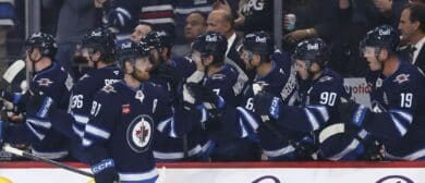 Winnipeg Jets left wing Kyle Connor (81) celebrates his goal against the Dallas Stars during the first period at Canada Life Centre