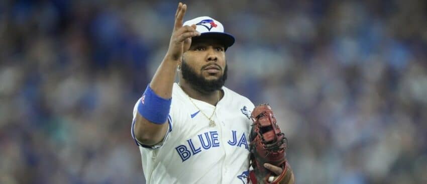 Toronto Blue Jays first baseman Vladimir Guerrero Jr. (27) looks on before game seven of the 2025 MLB World Series against the Los Angeles Dodgers at Rogers Centre