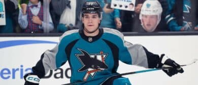 San Jose Sharks center Michael Misa (77) warms up before the first period against the New Jersey Devils at SAP Center at San Jose.