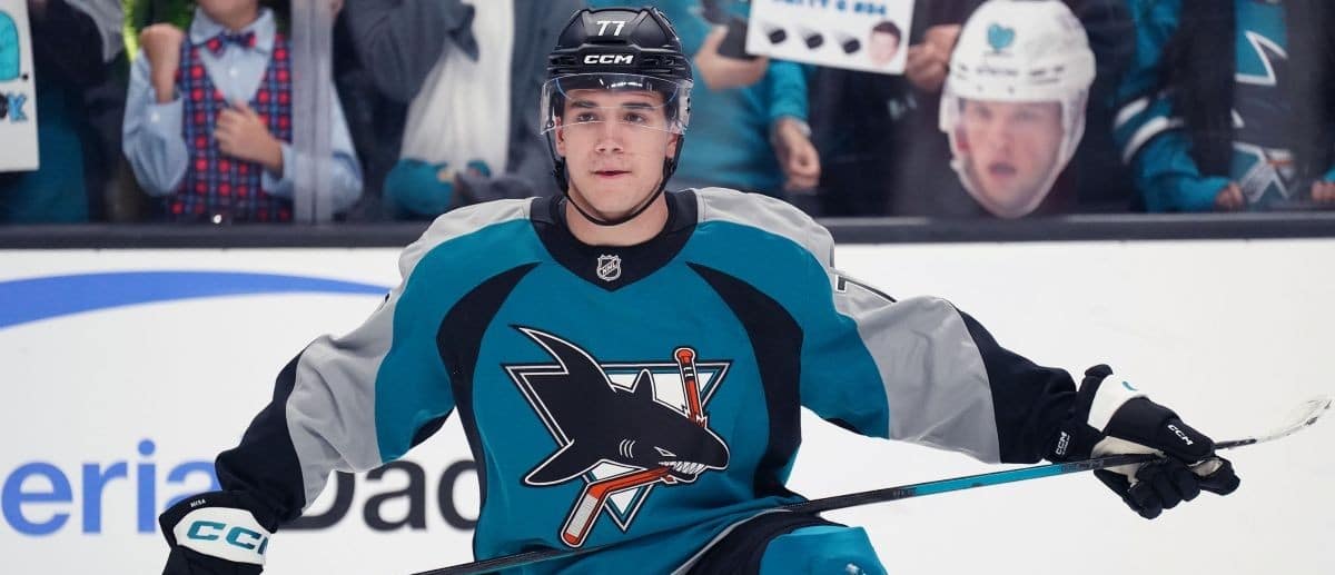 San Jose Sharks center Michael Misa (77) warms up before the first period against the New Jersey Devils at SAP Center at San Jose.