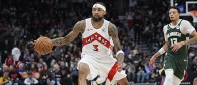 Toronto Raptors forward Brandon Ingram (3) dribbles the ball against the Milwaukee Bucks during the second half at Scotiabank Arena