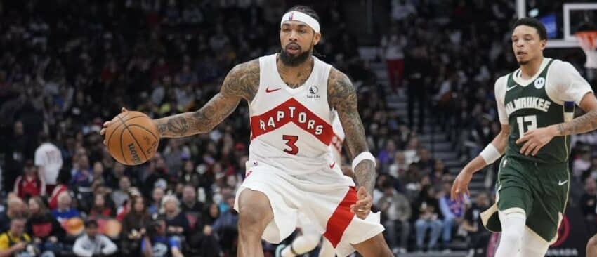 Toronto Raptors forward Brandon Ingram (3) dribbles the ball against the Milwaukee Bucks during the second half at Scotiabank Arena