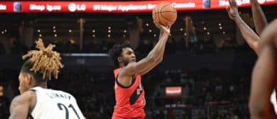 Toronto Raptors guard Immanuel Quickley (5) shoots the ball against the Brooklyn Nets in the second half at Scotiabank Arena