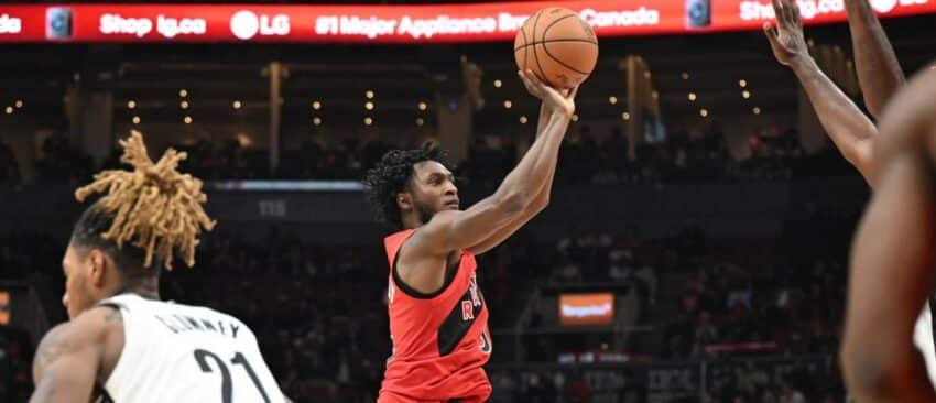 Toronto Raptors guard Immanuel Quickley (5) shoots the ball against the Brooklyn Nets in the second half at Scotiabank Arena