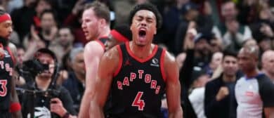 Toronto Raptors forward Scottie Barnes (4) celebrates the win against the Indiana Pacers at the end the fourth quarter at Scotiabank Arena.