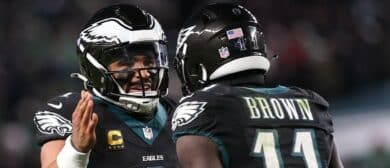 Philadelphia Eagles quarterback Jalen Hurts (1) and wide receiver A.J. Brown (11) celebrate a touchdown against the Chicago Bears during the third quarter of the game at Lincoln Financial Field.
