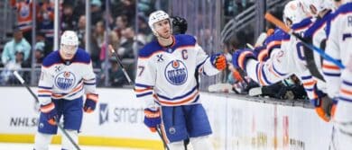 Edmonton Oilers center Connor McDavid (97) celebrates a goal against the Seattle Kraken in the third period at Climate Pledge Arena.