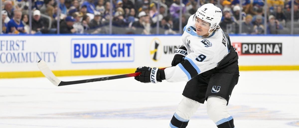Utah Mammoth center Clayton Keller (9) shoots against the St. Louis Blues during the first period at Enterprise Center.