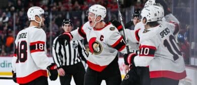 Ottawa Senators left wing Brady Tkachuk (7) celebrates with his teammates his goal against the Montreal Canadiens during the third period at Bell Centre