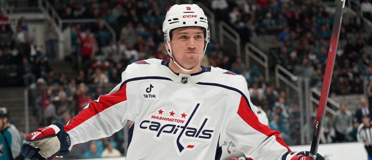 Washington Capitals right winger Ryan Leonard (9) celebrates after scoring a goal against the San Jose Sharks in the first period at SAP Center at San Jose.