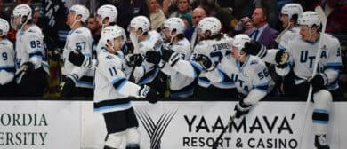 Utah Mammoth right wing Dylan Guenther (11) celebrates his goal scored against the Anaheim Ducks during the first period at Honda Center.