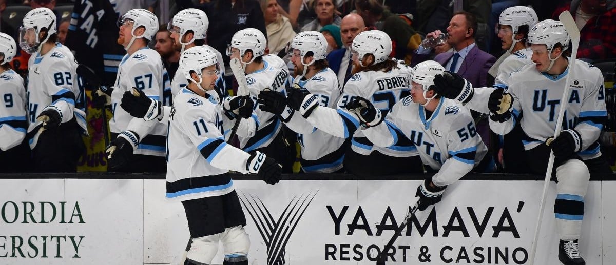Utah Mammoth right wing Dylan Guenther (11) celebrates his goal scored against the Anaheim Ducks during the first period at Honda Center.