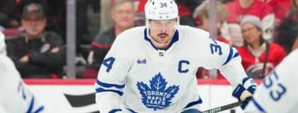 Toronto Maple Leafs center Auston Matthews (34) skates against the Carolina Hurricanes during the third period at Lenovo Center.