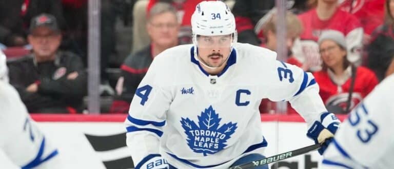 Toronto Maple Leafs center Auston Matthews (34) skates against the Carolina Hurricanes during the third period at Lenovo Center.