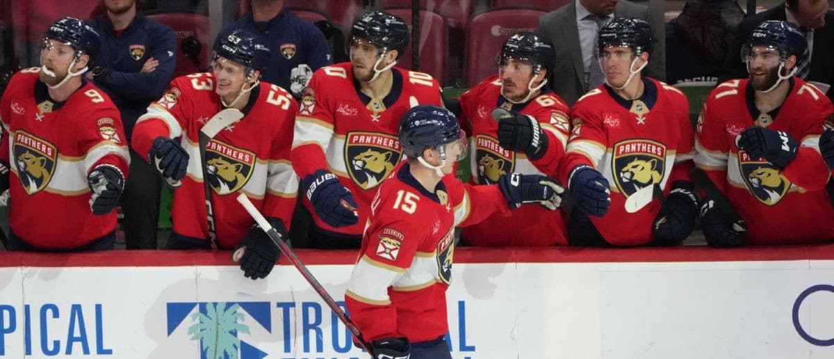 Florida Panthers center Anton Lundell (15) celebrates his goal during the third period against the Columbus Blue Jackets at Amerant Bank Arena.
