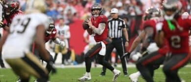 Tampa Bay Buccaneers quarterback Baker Mayfield (6) looks to throw downfield during the fourth quarter against the New Orleans Saints at Raymond James Stadium