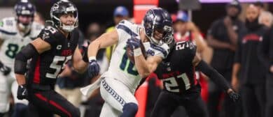 Seattle Seahawks wide receiver Cooper Kupp (10) runs after a catch against the Atlanta Falcons in the third quarter at Mercedes-Benz Stadium