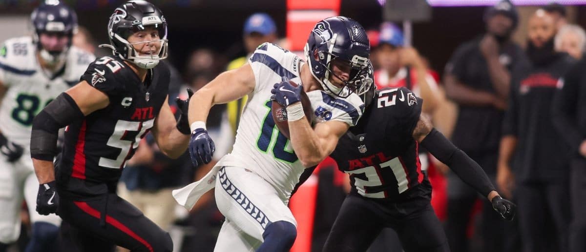 Seattle Seahawks wide receiver Cooper Kupp (10) runs after a catch against the Atlanta Falcons in the third quarter at Mercedes-Benz Stadium