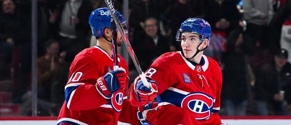Montreal Canadiens defenseman Lane Hutson (48) reacts after scoring a goal against the St. Louis Blues during the first period at Bell Centre.
