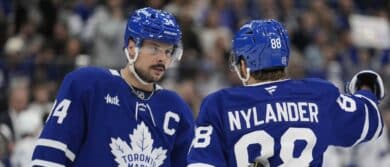 Toronto Maple Leafs forward William Nylander (88) and forward Auston Matthews (34) discuss a play against the Tampa Bay Lightning during the first period at Scotiabank Arena.