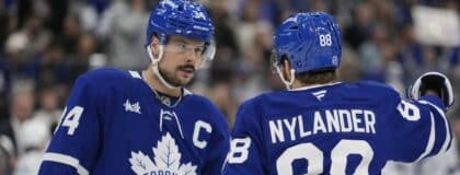 Toronto Maple Leafs forward William Nylander (88) and forward Auston Matthews (34) discuss a play against the Tampa Bay Lightning during the first period at Scotiabank Arena.