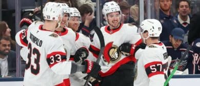 Ottawa Senators right wing Drake Batherson (center) celebrates his goal with left wing David Perron (57) and defenseman Nikolas Matinpalo (33) during the first period against the Columbus Blue Jackets at Nationwide Arena