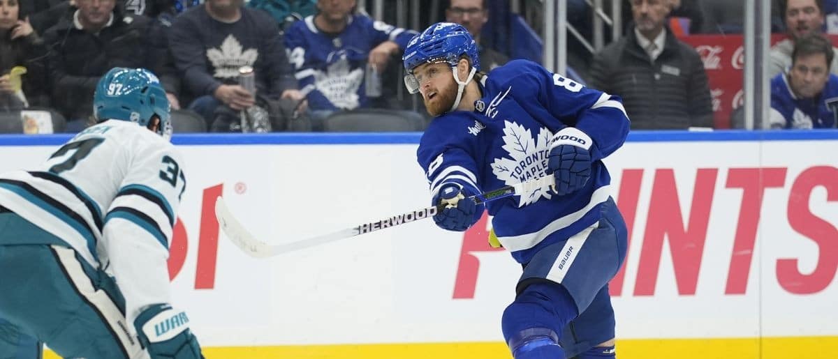Toronto Maple Leafs forward William Nylander (88) shoots th epuck as San Jose Sharks defenseman Timothy Liljegren (37) defends during during the first period at Scotiabank Arena.