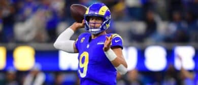 Los Angeles Rams quarterback Matthew Stafford (9) throws a pass during the fourth quarter against the Detroit Lions at SoFi Stadium.