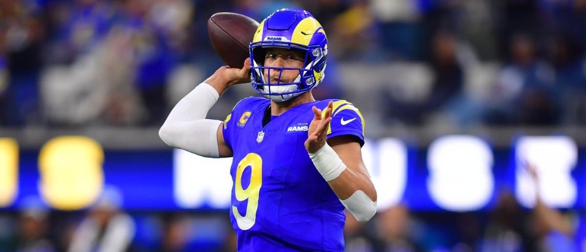 Los Angeles Rams quarterback Matthew Stafford (9) throws a pass during the fourth quarter against the Detroit Lions at SoFi Stadium.