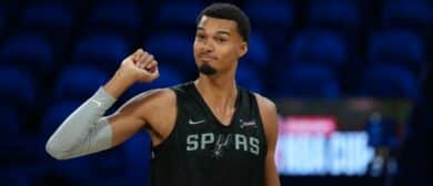 San Antonio Spurs forward Victor Wembanyama (1) during practice prior to the Emirates NBA Cup championship at the T-Mobile Arena.