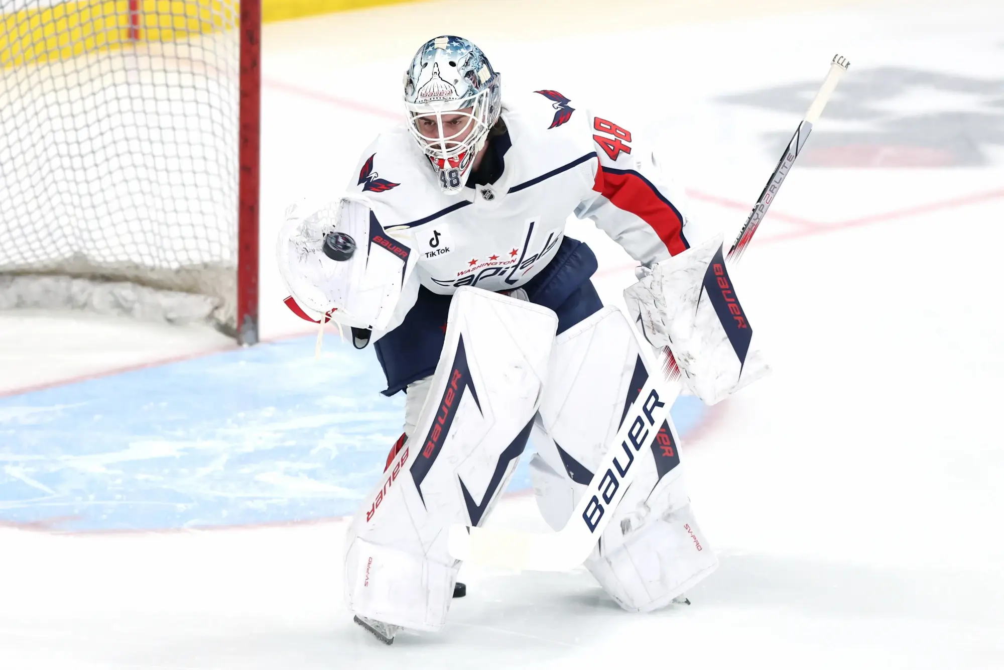 Dec 13, 2025; Winnipeg, Manitoba, CAN; Washington Capitals goaltender Logan Thompson (48) warms up before a game against the Winnipeg Jets at Canada Life Centre. 