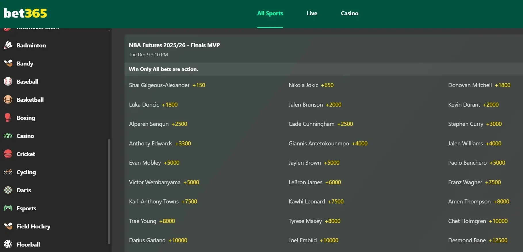 Screenshot of bet365 NBA Finals MVP Odds