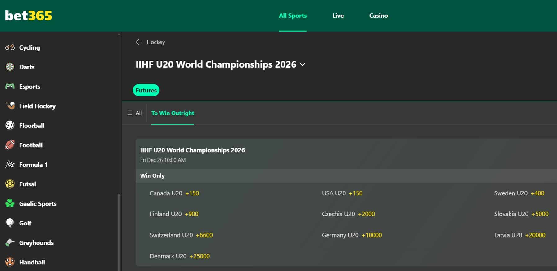 A screenshot of the desktop view of bet365's 2026 World Junior odds