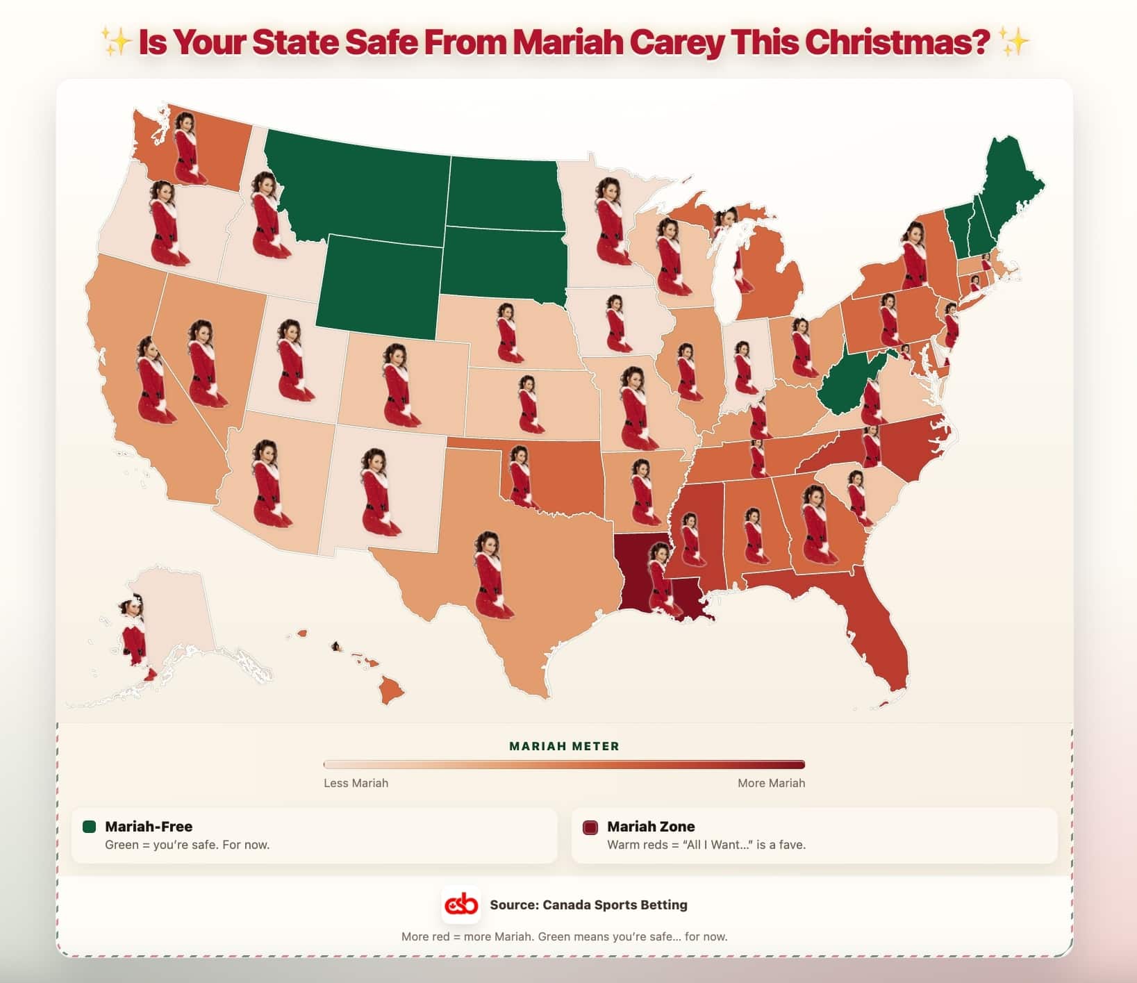 Map of where Mariah Carey's All I want for Christmas is most (and least) popular