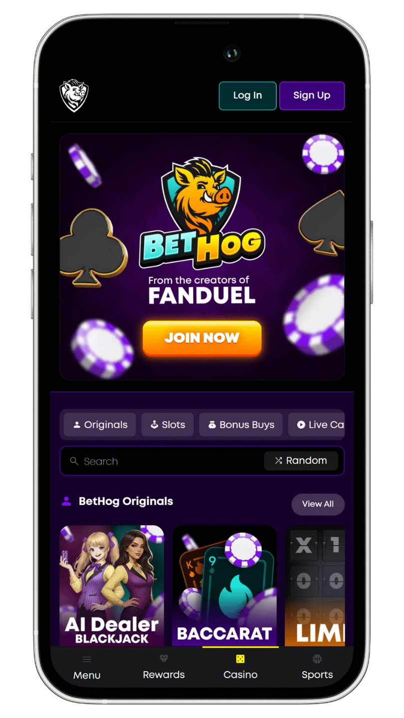 Screenshot of the bet hog mobile site homepage