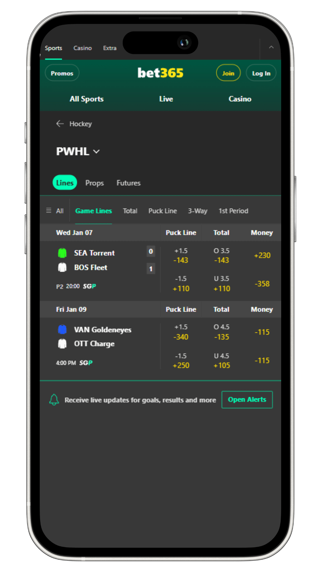 A screenshot of pwhl lines from bet365