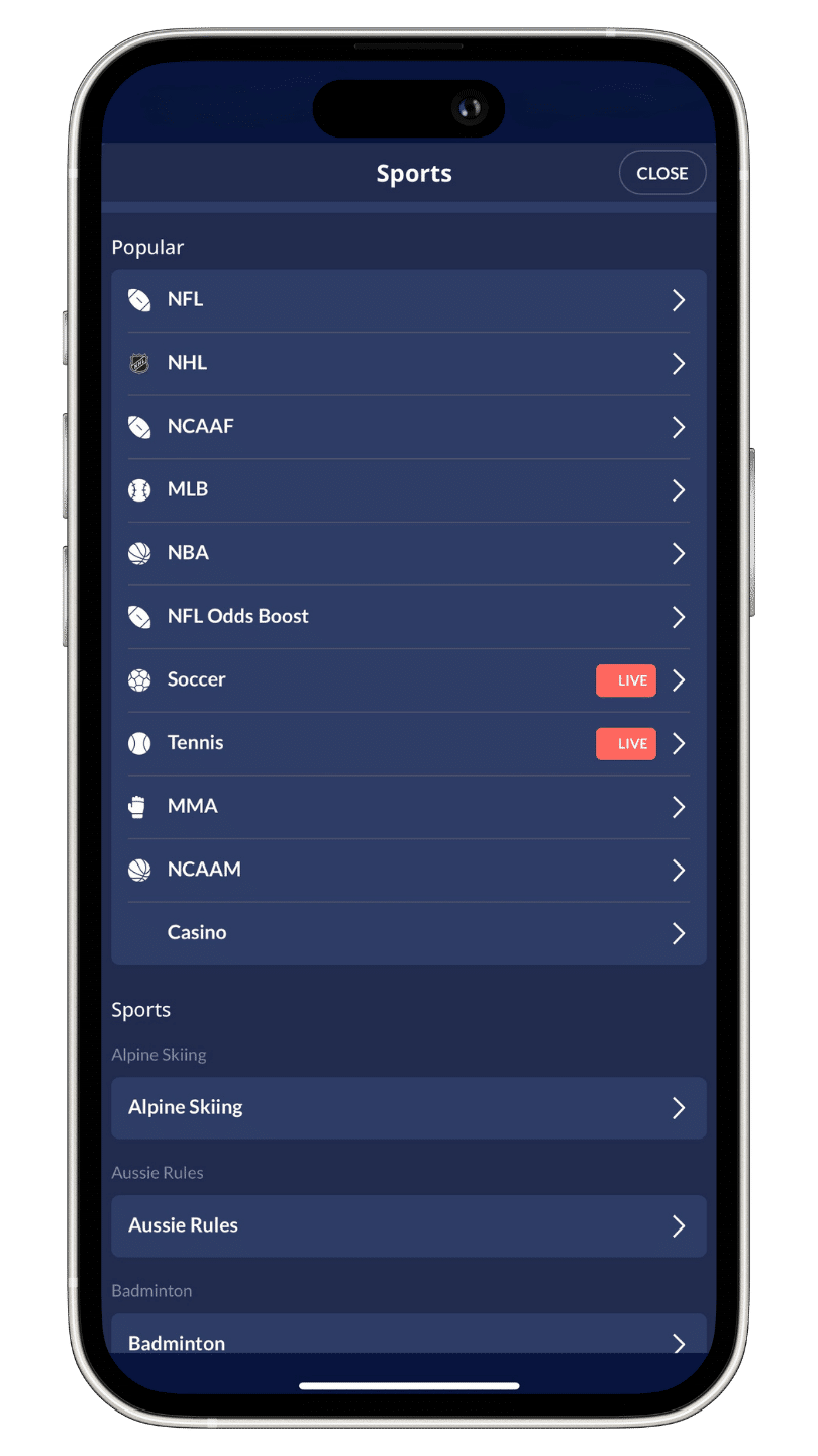 Sports interaction betting app screenshot.