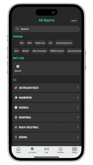 Screenshot mock up of the bets365 app, featuring the "all sports" menu