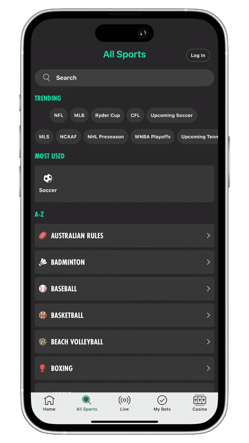 Screenshot mock up of the bets365 app, featuring the "all sports" menu