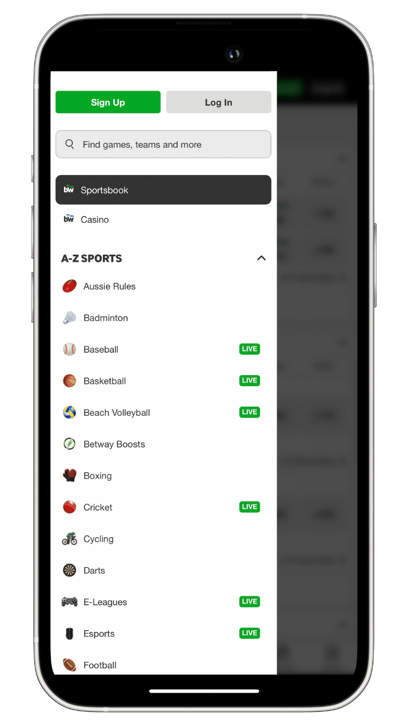 betway screenshot of the betting app sports available