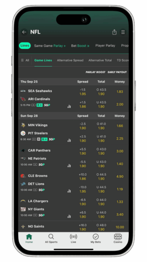 Screenshot mock up of the bets365 app, featuring the available nfl matchups for week 4.