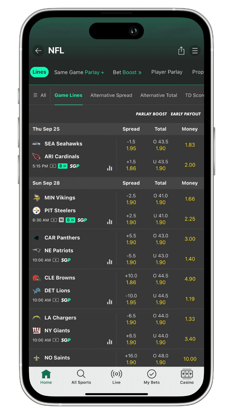 Screenshot mock up of the bets365 app, featuring the available nfl matchups for week 4.