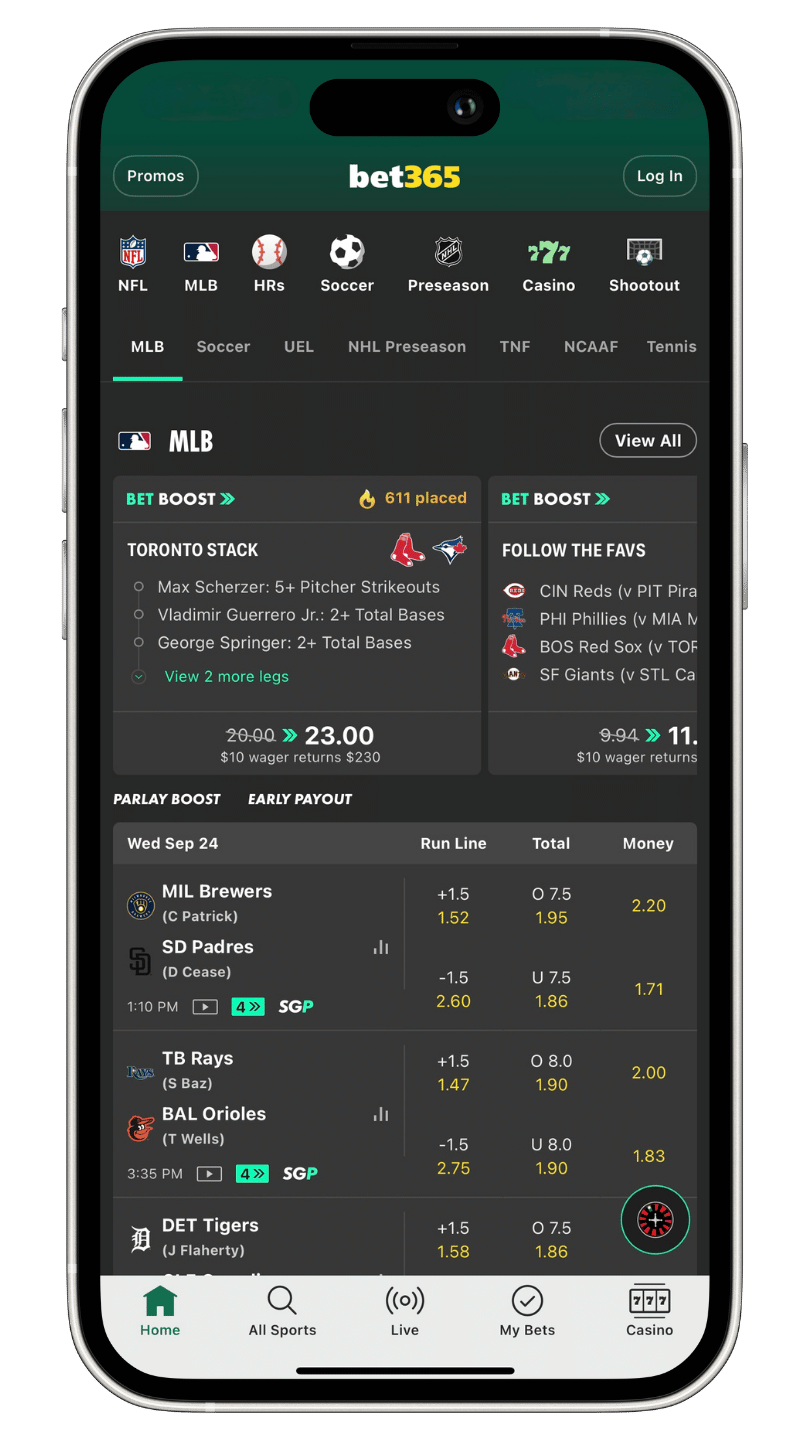 Screenshot mock up of the bets365 app homepage