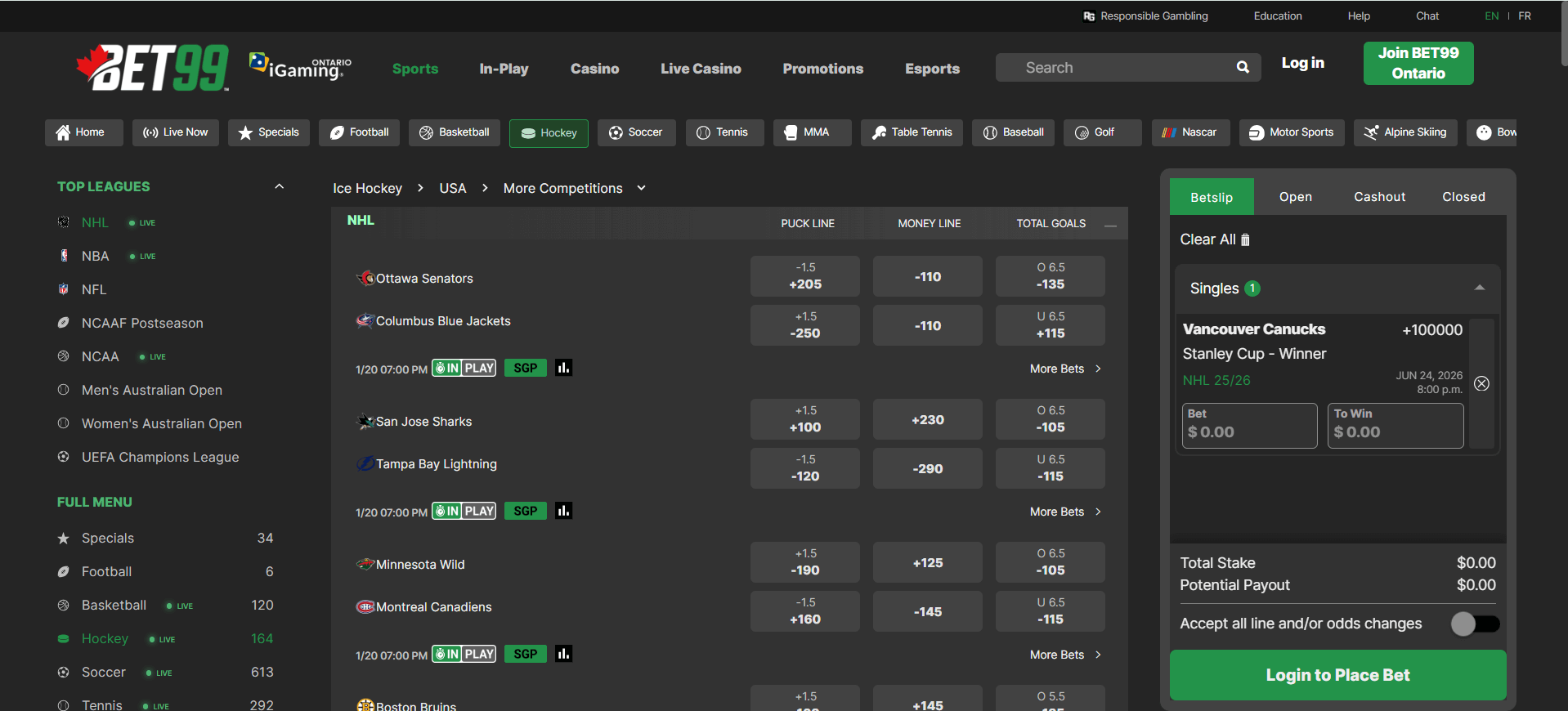 A desktop view screenshot of bet365's NHL futures betting page.