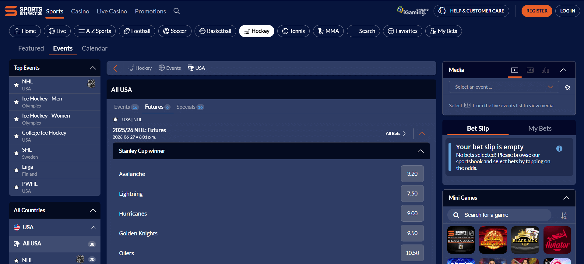 A desktop view screenshot of Sports Interaction's NHL futures betting page.