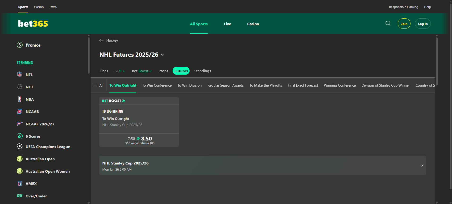A desktop view screenshot of bet365's NHL futures betting page.