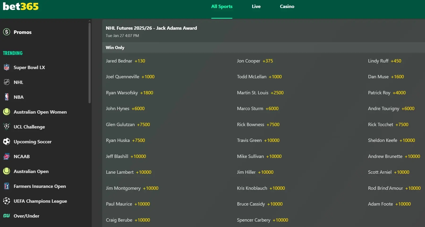 A screenshot of bet365's Jack Adam Award odds