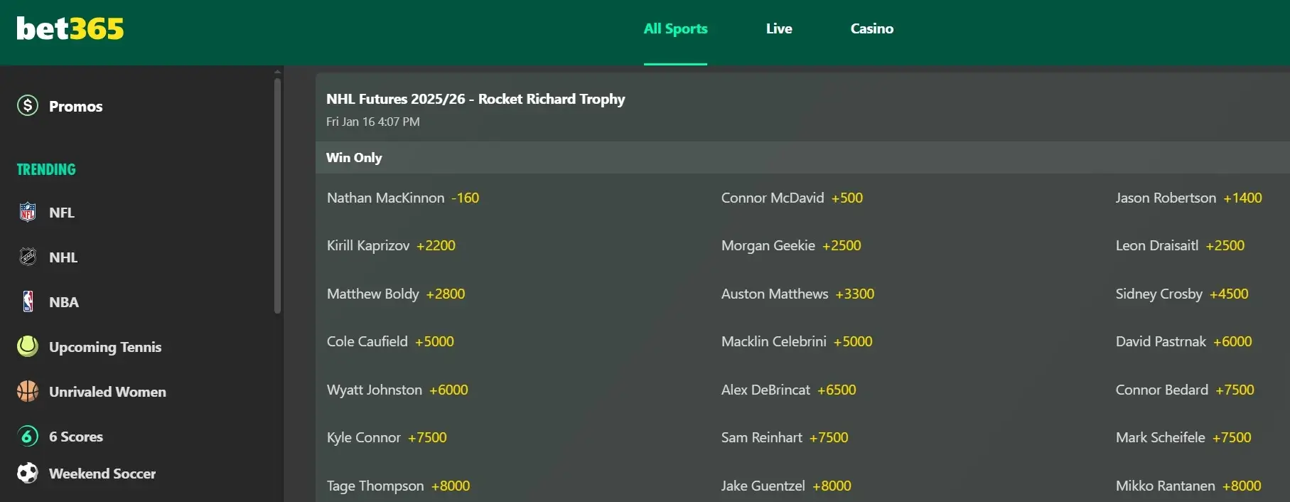 A screenshot view of bet365's Rocket Richard odds